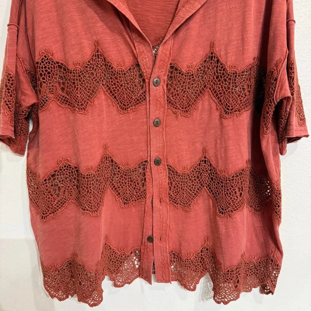 Free People We The Free Luca Tee Rust Crochet Lace Oversized Top Sz S